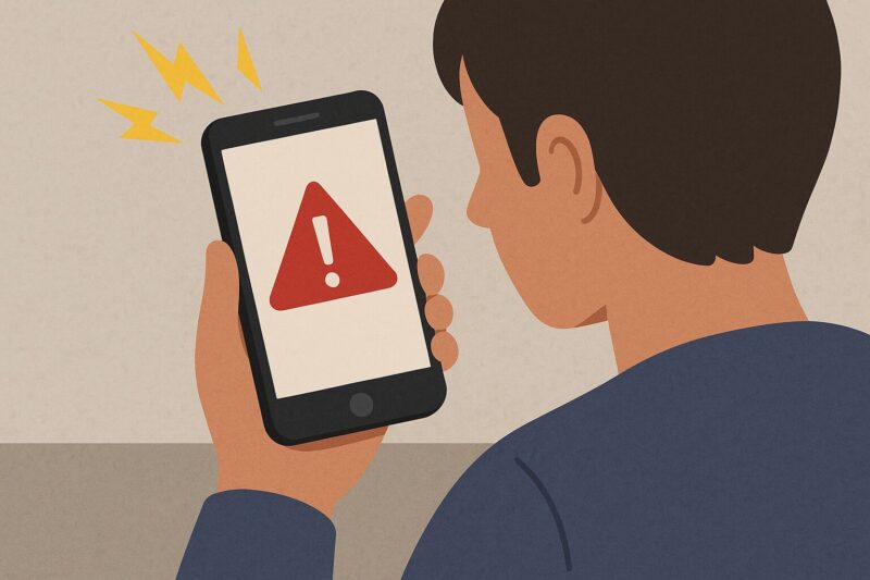 頻繁な警告通知に戸惑うユーザーの様子を描いたイメージ。スマホと通知マークの構成