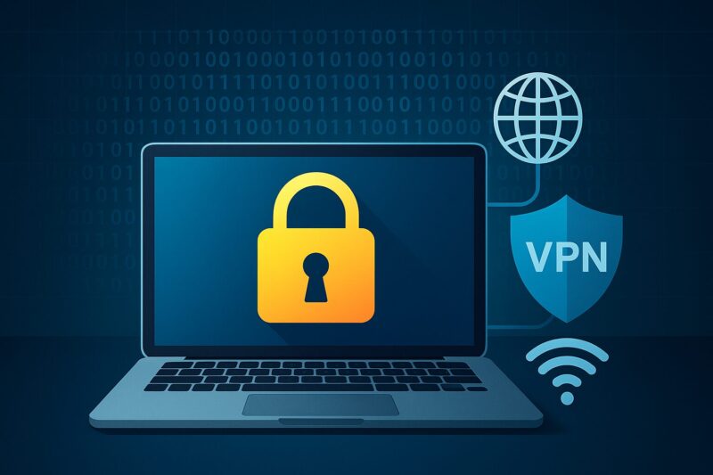 VPNで公共Wi-Fiを安全に使う様子を示すイラスト。鍵マークや接続保護のアイコン付き