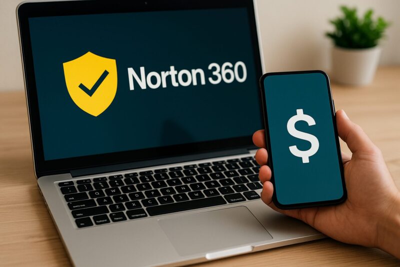 ノートン360の料金プランを比較・検討する場面を表現。スマホ画面に価格や選択肢の描写