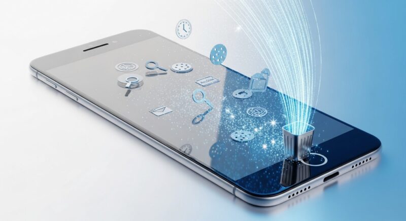 スマートフォンの画面からゴミ箱へ不要なデータ(履歴)を捨てている様子、または画面を掃除してピカピカにしているイメージ。