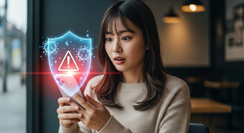 スマートフォンの画面に表示された警告に驚く日本人女性と、スマホを守るように輝く青い盾のセキュリティイメージ。