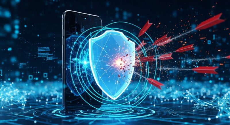 スマートフォンをデジタルな家に見立て、その前に立つ青い光の警備員(または盾)が、外部からの黒いウイルスや攻撃をブロックしているイメージ。