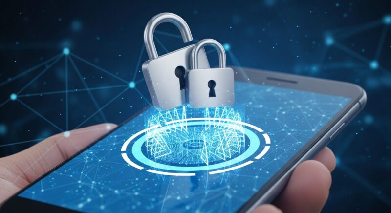 スマートフォンの画面に2つの鍵(南京錠)がかかっている様子、または盾の周りにさらに防壁があるイメージ。強固なセキュリティ。