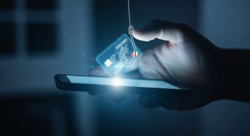 暗い部屋でスマートフォンを操作している手元。画面からはクレジットカード情報が抜き取られているようなデジタルなエフェクトが出ており、釣り針(フィッシング)のイメージが重なる。