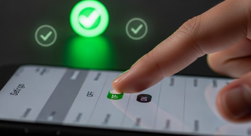 スマートフォンの設定画面で、セキュリティ機能のスイッチを指でオンに切り替えている様子。背景には解決を示す緑色のチェックマークの光。