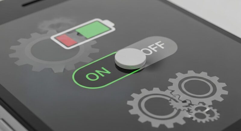 スマートフォンの設定画面上のスイッチが、勝手に「OFF」に切り替わろうとしている様子。または、バッテリーアイコンと競合するアプリのイメージ。