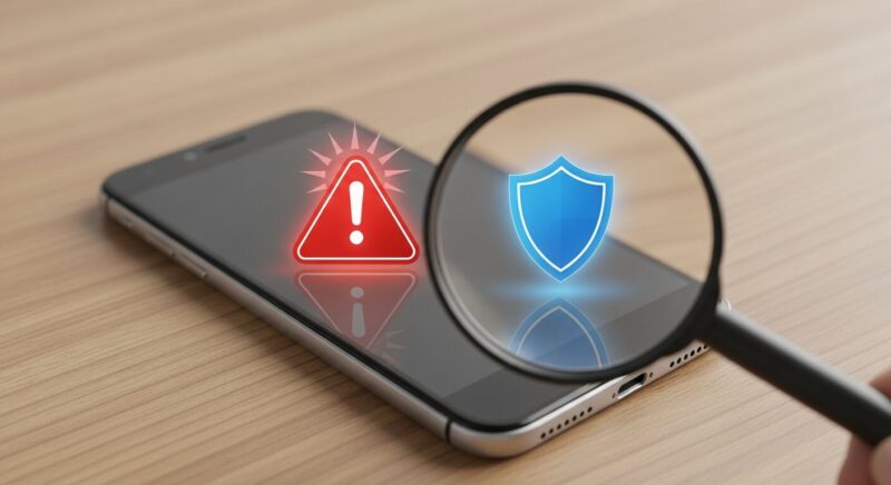 スマートフォンの画面上に表示された偽物の赤い警告マークと、本物の青いセキュリティ通知を比較し、虫眼鏡で調査しているイメージ。