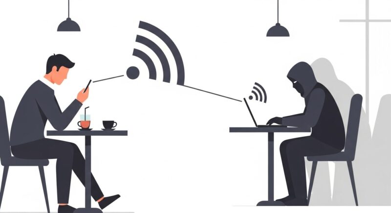 カフェでフリーWi-Fiを使う人のスマートフォンから、背後の怪しい人物のPCへ情報が流れているイラスト。公共Wi-Fiでの通信盗聴の危険性を表現しています。