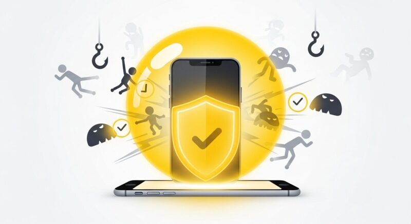 中央のスマートフォンが、ノートンを象徴する鮮やかな黄色の球体シールドで保護されているイラスト。フィッシング詐欺などのデジタルの脅威が盾に弾かれ、チェックマークが表示されている。スマホの総合的なセキュリティ対策を表現しています。