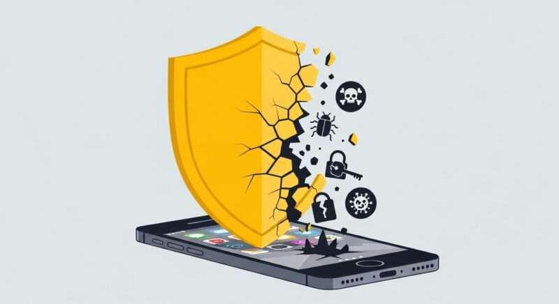スマートフォンを守る黄色の盾にヒビが入り、そこからデジタルの脅威が侵入しようとしているイラスト。セキュリティソフトの期限切れによる危険な状態を表現しています。