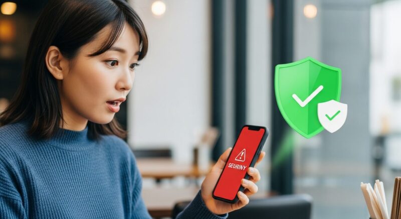 スマートフォンを見て驚く20代日本人女性と、画面に表示された赤いセキュリティ警告のイメージ。背景には解決を示す緑色のチェックマーク。