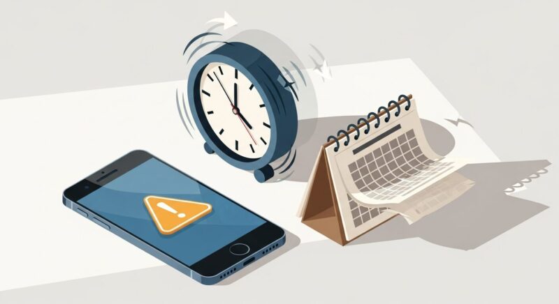 スマートフォンと、その横に置かれたアナログ時計とカレンダー。時計の針が狂っており、カレンダーの日付が古いことを示すイメージ。