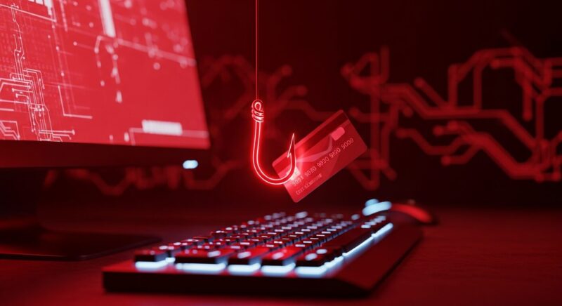 暗い背景の中、パソコンのキーボードから伸びる釣り針が、クレジットカードを吊り上げようとしている不気味なイメージ。フィッシング詐欺の警告。