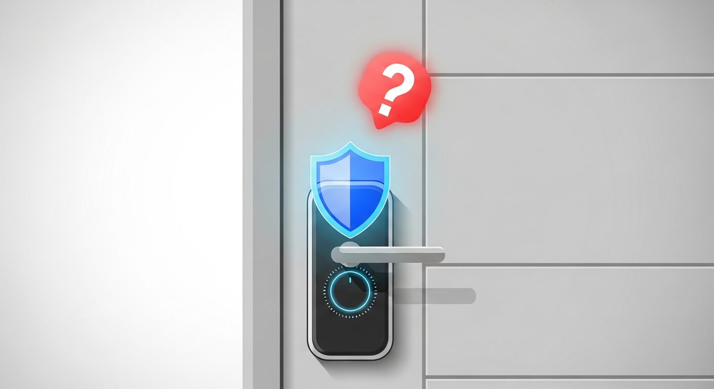 スマートロックの危険性と安全対策を象徴するイラスト。赤い疑問符が浮かぶスマートロックを、青く輝く盾が守っており、後悔しないための知識が得られることを示唆している。