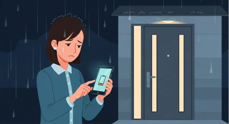 スマートロックの失敗談を表現するイラスト。夜、雨の降る玄関の前で、スマートフォンのバッテリーが切れてしまい、途方に暮れている若い女性の姿。