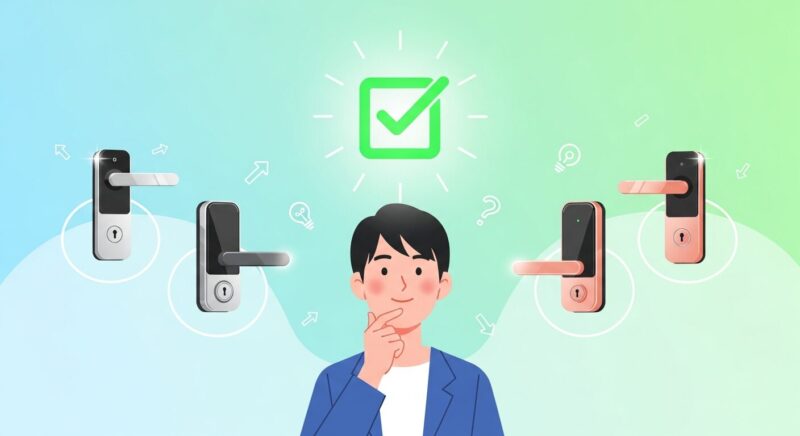 後悔しないスマートロックの選び方を描いたイラスト。人物がチェックリストを使いながら、複数のスマートロック製品をじっくり比較検討している様子。