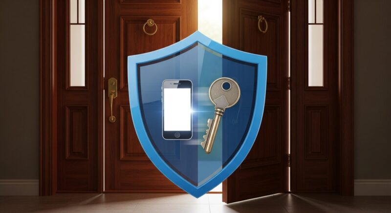 スマートロックと物理キーの併用による安全対策を表すイラスト。スマホのアイコンと鍵のアイコンが、一つの大きな青い盾によって一緒に守られており、万全のセキュリティを示唆している。