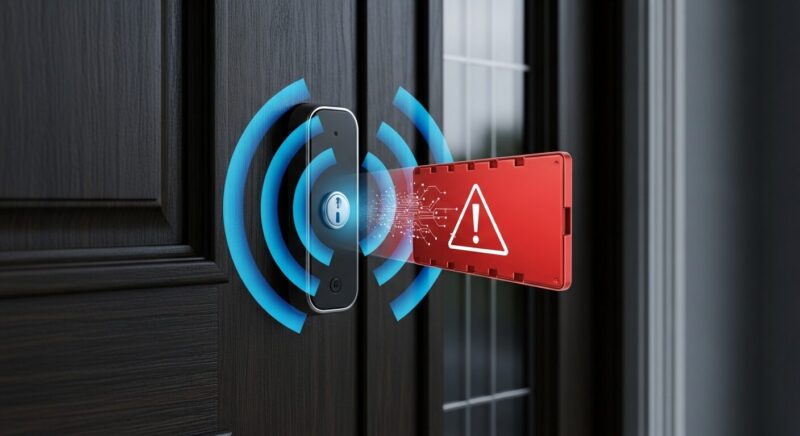 スマートロックのハッキングリスクを示す概念図。スマートロックから出る青い電波に対し、警告マークが付いた赤いデータが侵入しようとしており、サイバーセキュリティの脅威を表している。