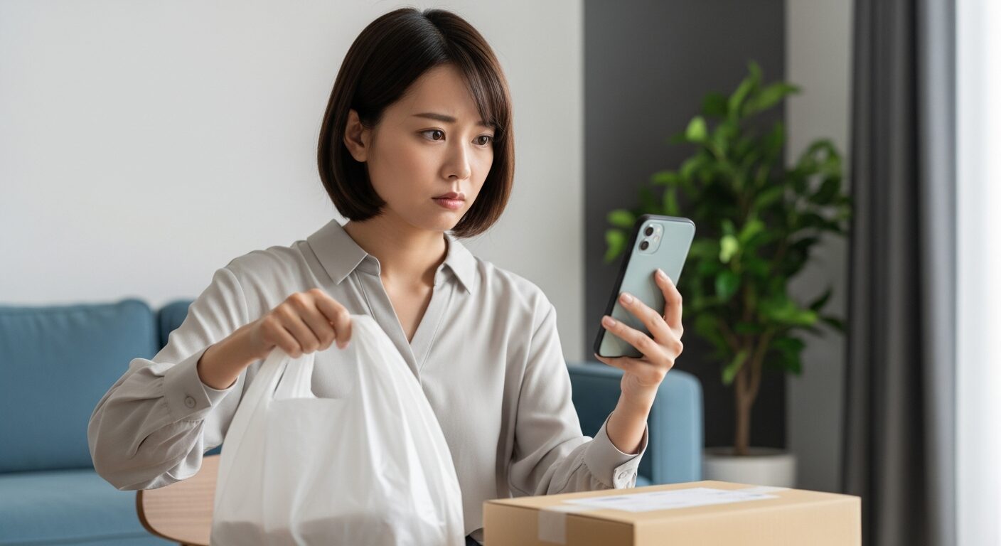 通販の荷物を前にスマートフォンでトコジラミの情報を調べている不安そうな日本人女性