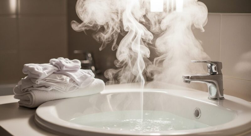 【モノ】「熱湯」のイメージ。洗面器と湯気