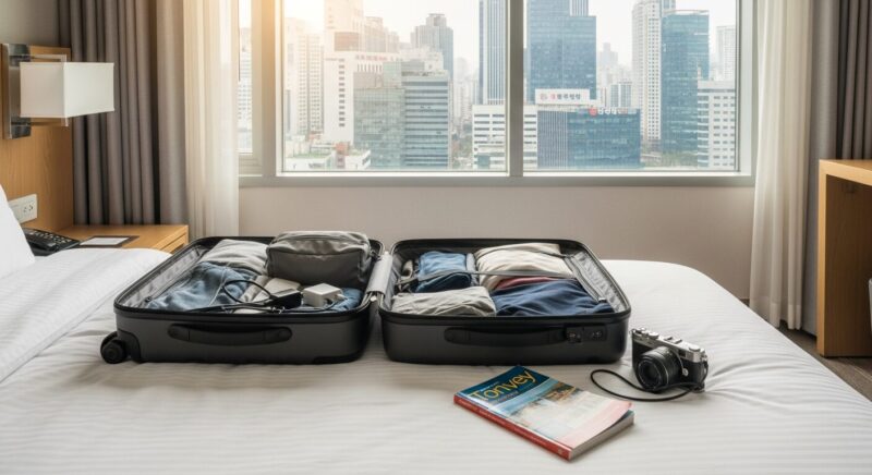 「旅行」「ホテル」の文脈。スーツケースやホテルのベッド。