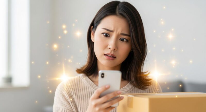 スマートフォンで通販サイトの評判やトコジラミの噂について真剣に検索している女性