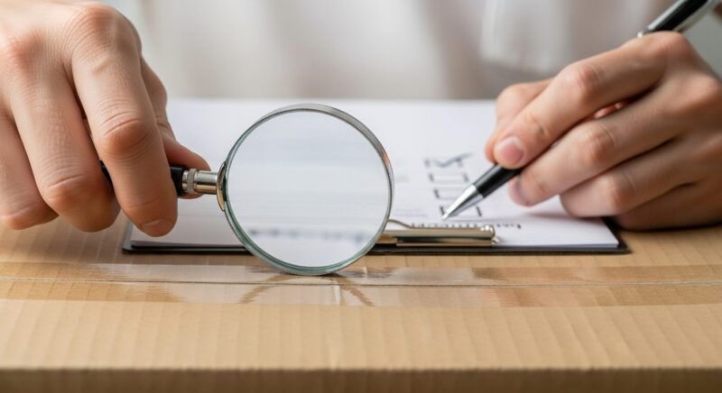 「安全」「チェック済み」を抽象的に表現する、盾（シールド）やチェックマークのメタファー、または検品作業のイメージ。