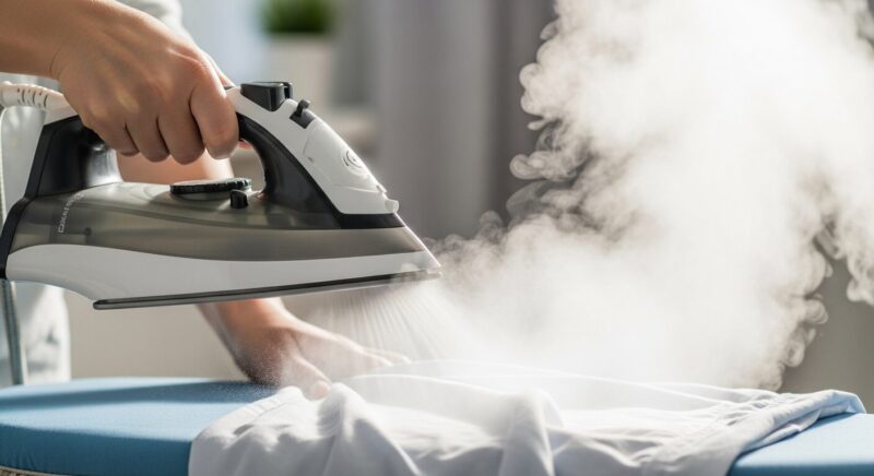 衣類にスチームアイロンをかけて高温の蒸気でトコジラミ対策をしている様子
