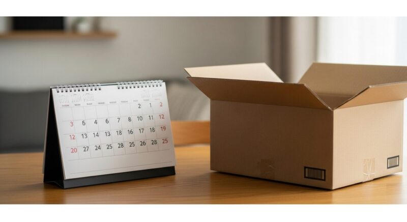 「期間・時間」を連想させるカレンダーや時計と、配送ボックスの組み合わせ。