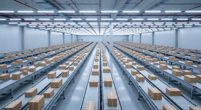 衛生管理が行き届いた明るく清潔な物流倉庫で段ボールが運ばれている様子