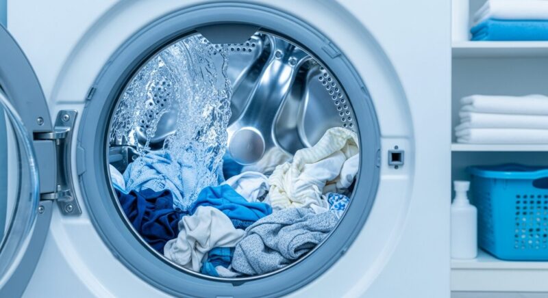 「60度以上の洗濯」を想起させる、ドラム式洗濯機や温水設定のパネル。