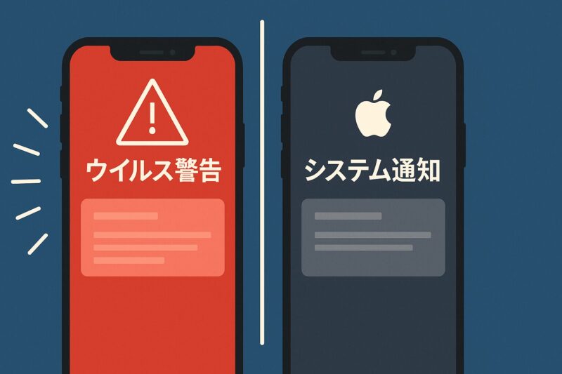 偽ウイルス警告と本物Appleシステム通知を左右比較するiPhone画面のイラスト