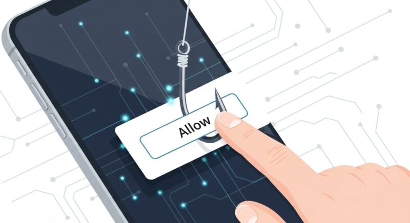スマートフォンの「許可」ボタンが釣り針の形をしており、ユーザーを騙そうとしているイラスト。クリックフィックス詐欺の巧妙な手口を表現。