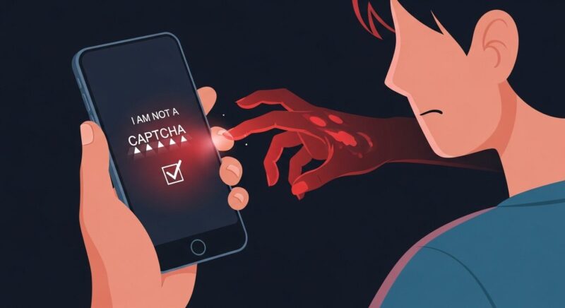 スマートフォンに表示された「私はロボットではありません」の認証画面。そのチェックボックスから不気味な手が伸び、ユーザーを騙そうとしている様子を描いたイラスト。偽の警告によるウイルス感染の危険性を表現。