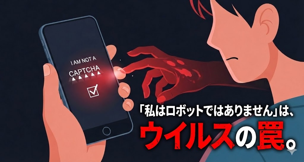 スマートフォンに表示された「私はロボットではありません」の認証画面。そのチェックボックスから不気味な手が伸び、ユーザーを騙そうとしている様子を描いたイラスト。偽の警告によるウイルス感染の危険性を表現。