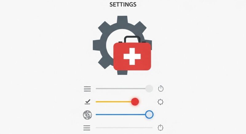 スマートフォンの設定画面に救急箱のアイコンが重なったイラスト。間違えてボタンを押してしまった後でも、設定変更で応急処置ができることを表現。