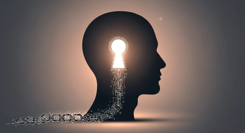 人間の頭のシルエットに描かれた鍵穴からデジタルの鎖が伸びているイラスト。攻撃者が狙う心理的な弱点「心の隙」という概念を表現。