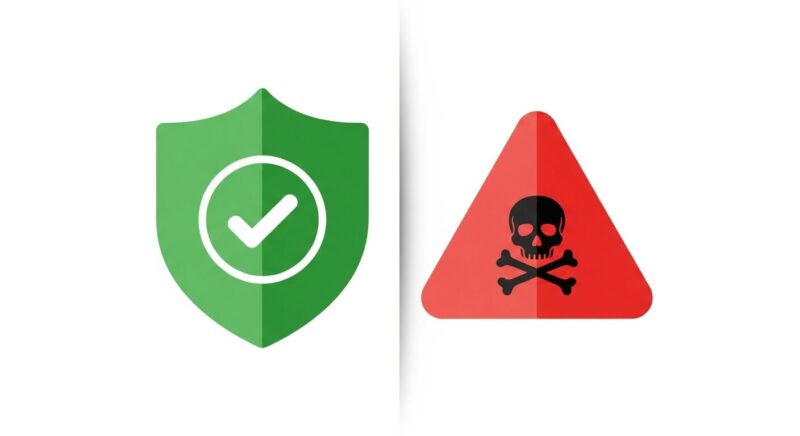 安全な本物を表す緑色の盾のアイコンと、危険な偽物を表す赤色のドクロのアイコンを対比させたイラスト。一目で違いがわかるポイントを表現。