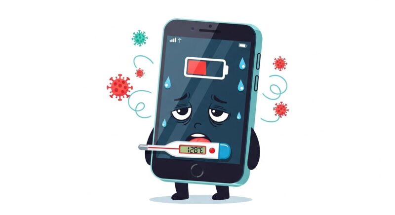 体調を崩したスマートフォンのキャラクターイラスト。バッテリー切れや発熱など、ウイルスに感染した際の危険なサインを擬人化して分かりやすく表現。