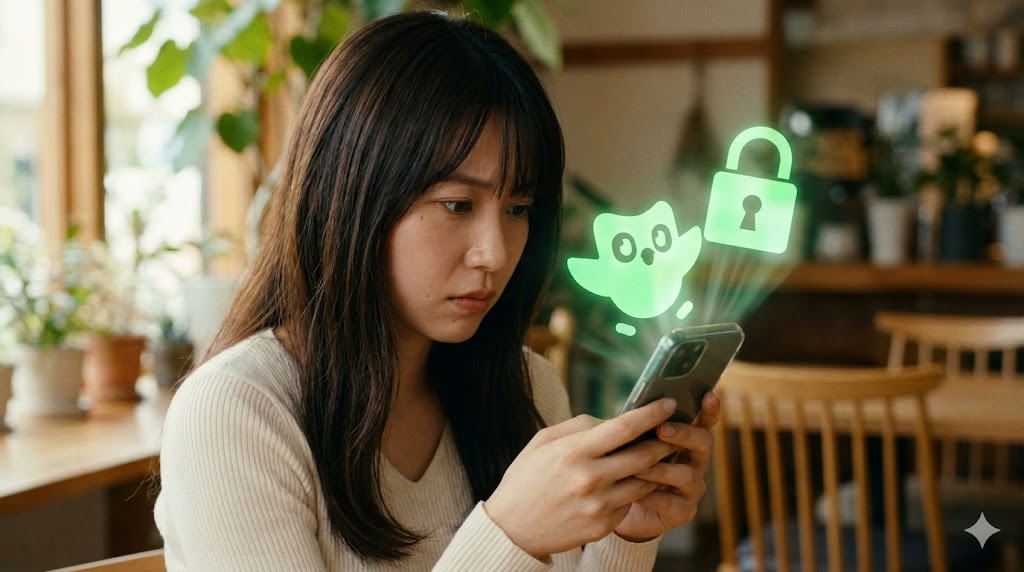 カフェでスマホの語学学習アプリ画面を、真剣かつ少し疑問を持った表情で見つめている20代の日本人女性。背景には抽象的な緑色の鳥のシルエットとセキュリティロックのイメージが浮かんでいる。