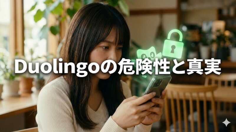 カフェでスマホの語学学習アプリ画面を、真剣かつ少し疑問を持った表情で見つめている20代の日本人女性。背景には抽象的な緑色の鳥のシルエットとセキュリティロックのイメージが浮かんでいる。