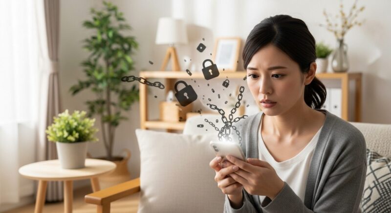 家計簿アプリの危険性をイメージした画像。スマホを心配そうに見つめる若い主婦と、画面から浮かび上がる壊れた南京錠の影。