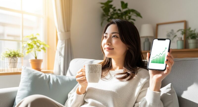 家計簿アプリで安心を手に入れた未来をイメージした画像。若い主婦がお茶を飲みながら、家計の好調なグラフを見てリラックスしている。
