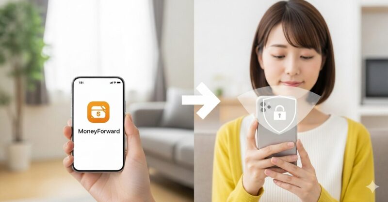 家計簿アプリの危険性と安心感を対比。スマホを持つ若い日本人主婦の手元で、不安から安全へと変化する様子を表すアイキャッチ。