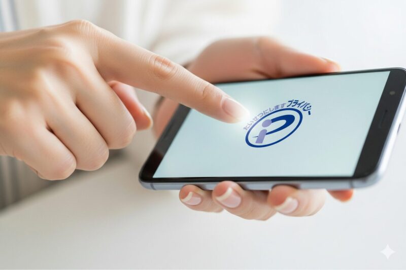 安全な運営会社の選び方を示す画像。若い主婦の指がスマホ画面に表示されたプライバシーマーク（Pマーク）を指し示している様子。
