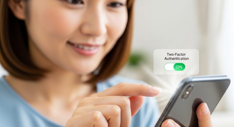 家計簿アプリのセキュリティ初期設定の画像。若い主婦がスマホで二段階認証を簡単にONに設定し、安心している様子。