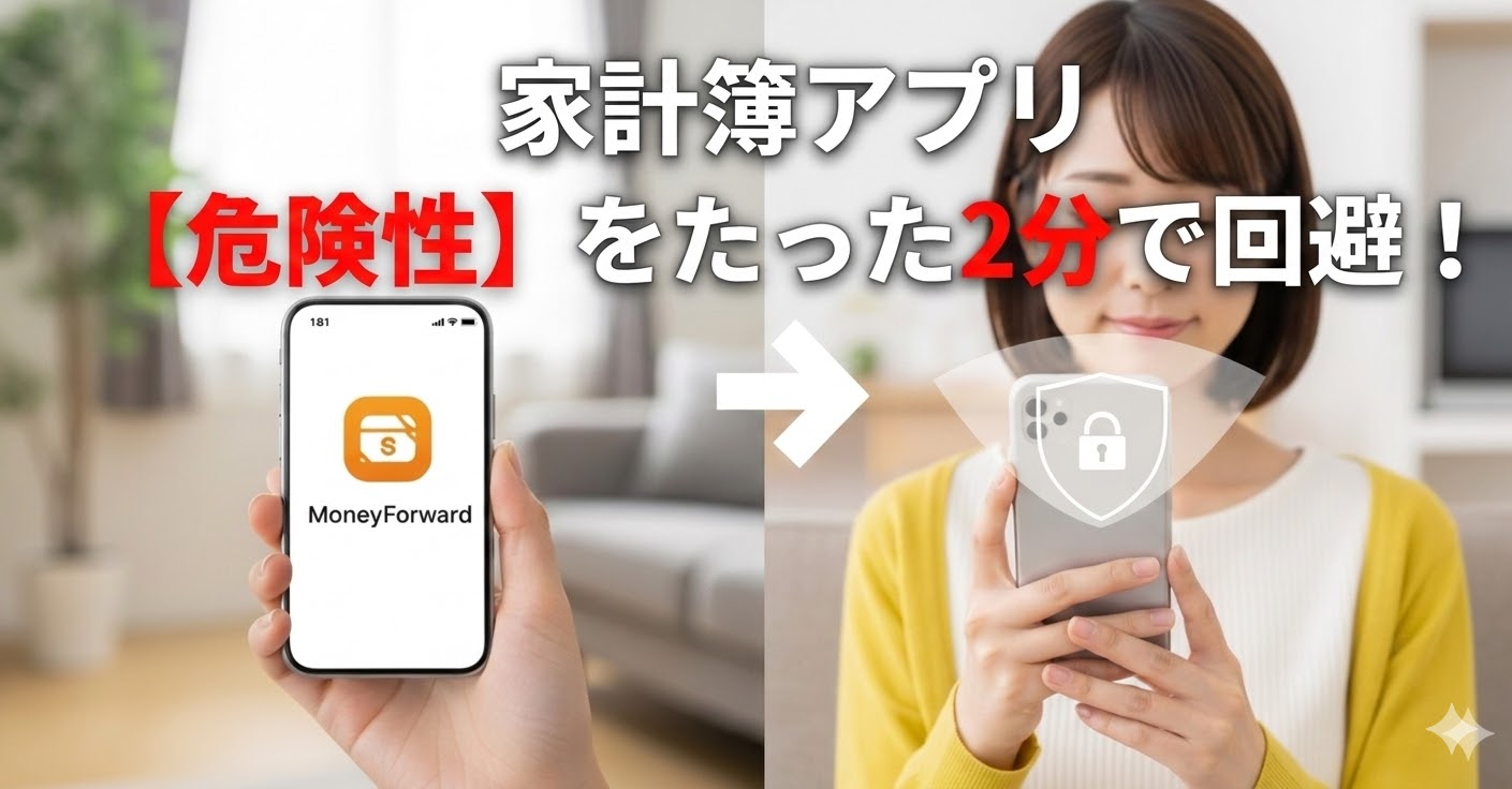 家計簿アプリの危険性と安心感を対比。スマホを持つ若い日本人主婦の手元で、不安から安全へと変化する様子を表すアイキャッチ