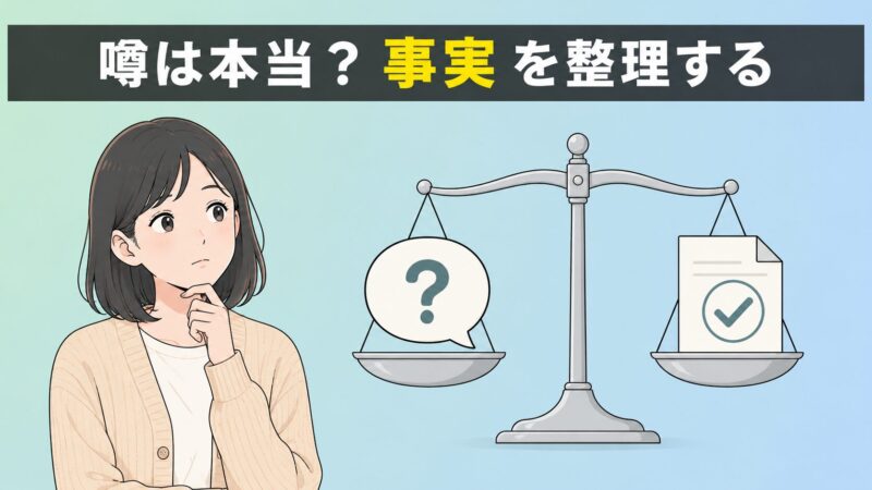 Simejiの噂と事実を天秤で対比した概念図。考え込む若い女性のイラストとともに、噂を整理して事実を確認するセクションを示す