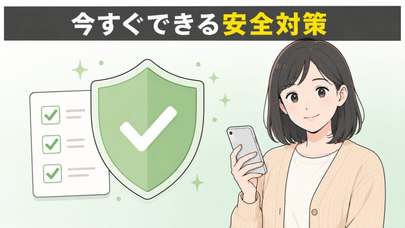 Simejiの安全対策と代替案を象徴する画像。安心した笑顔の若い女性と緑の盾・チェックリストで、設定見直しによる安心感を表現