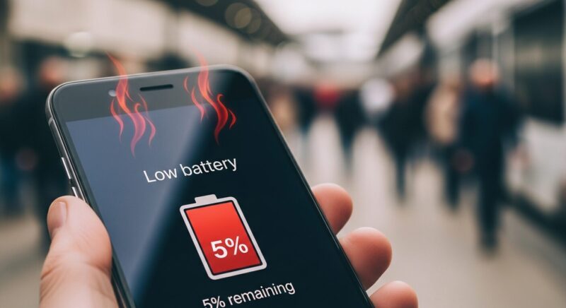 トリマのデメリットである激しいバッテリー消耗とスマホの発熱を示す、赤い電池残量低下の警告イメージ。